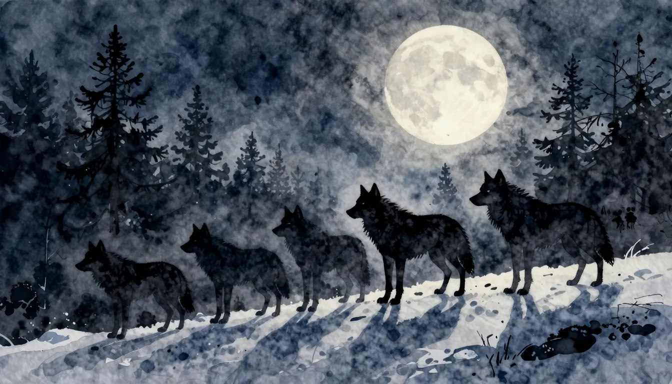 Watercolor style. A silhouette of a wolf pack standing on a ...
