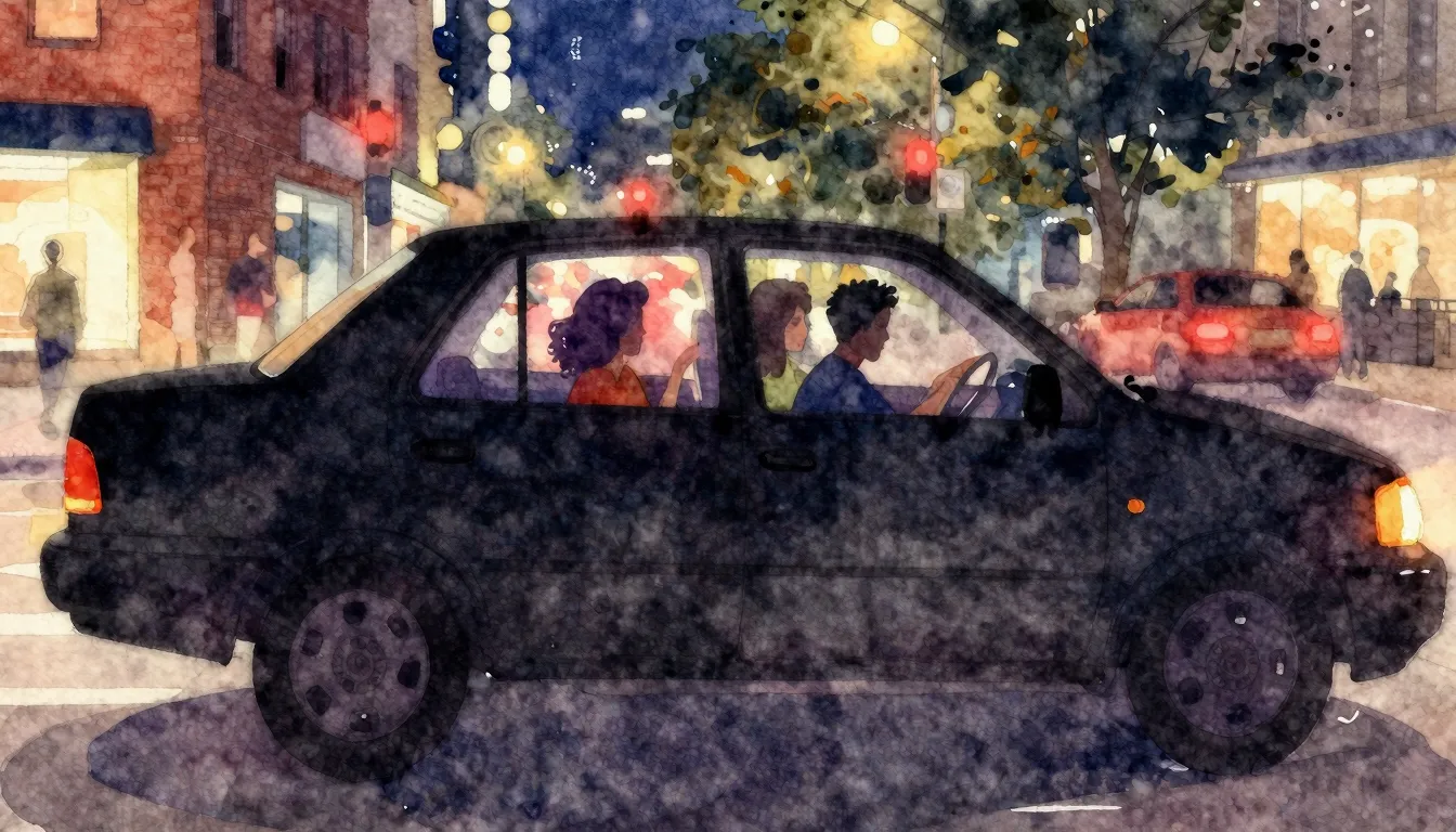 Vibrant watercolor style. Dark night drive, car silhouette, ...