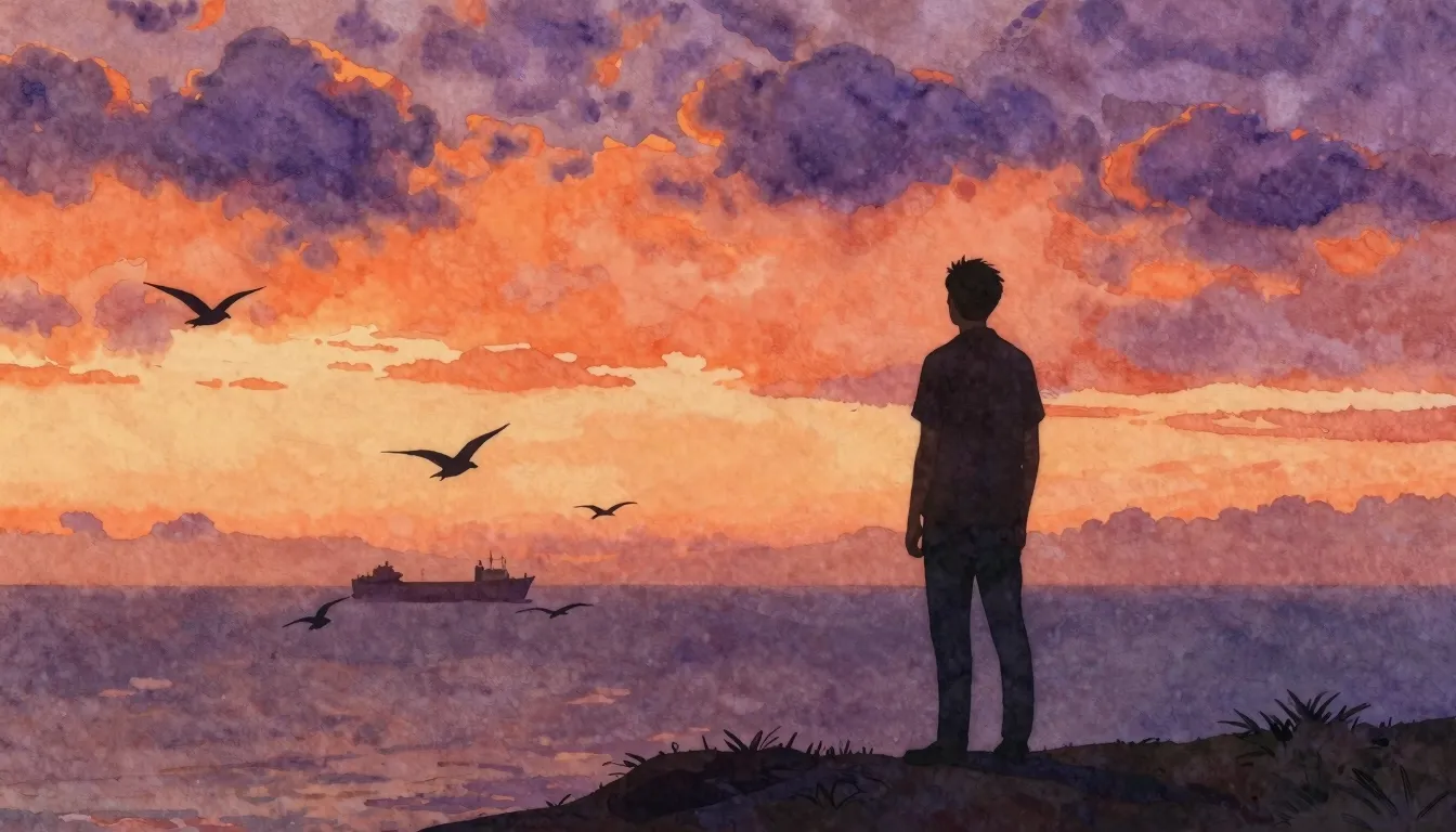 Watercolor style. A silhouette of a man standing on a hill a...