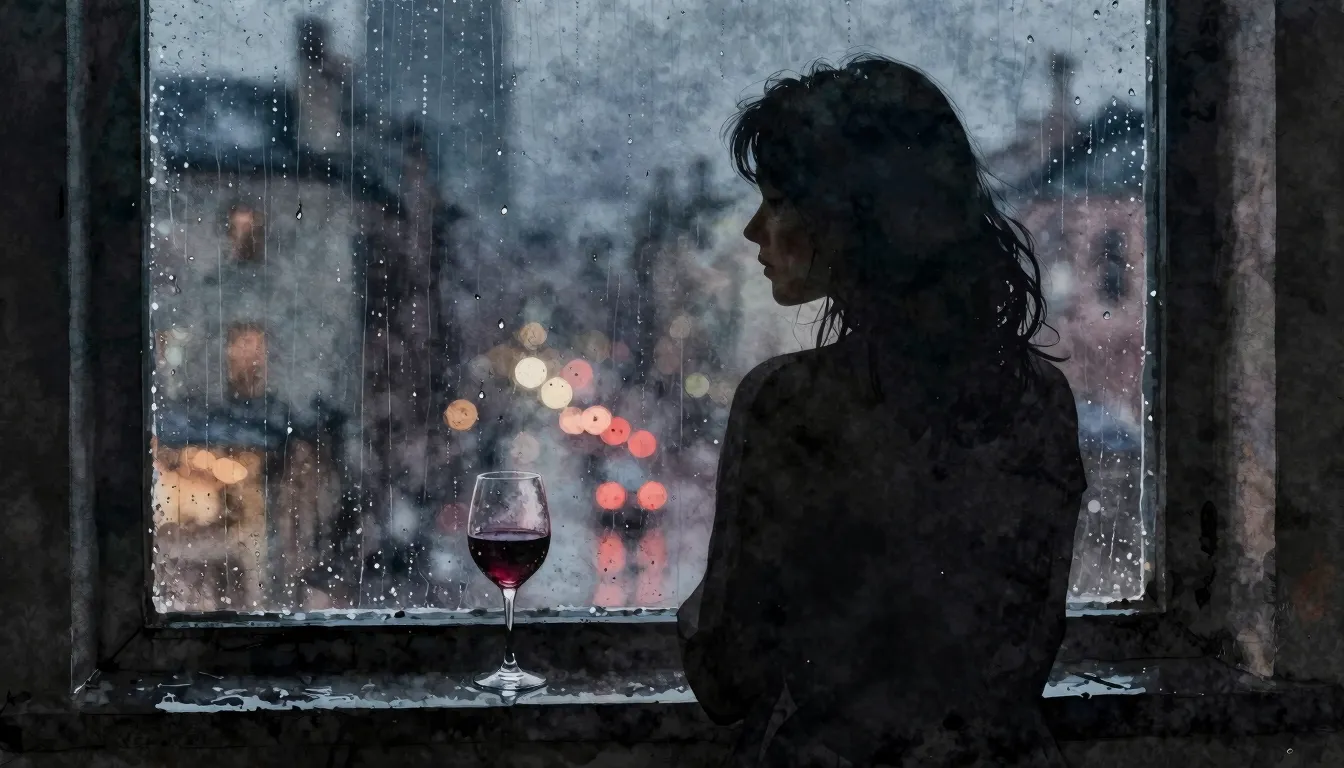 Watercolor style. A silhouette of a woman looking through a ...