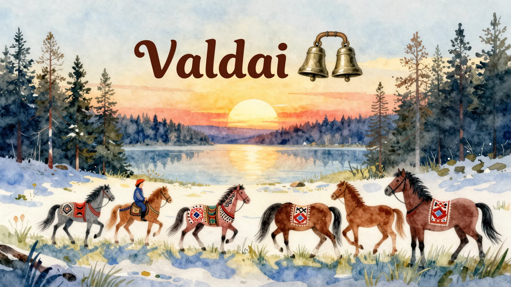 Vibrant watercolor style. Folk song album cover: Valdai bell...