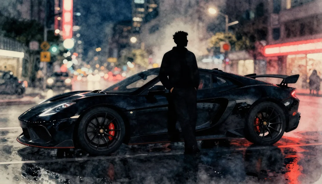 Watercolor style. Silhouette of a man leaning against a blac...