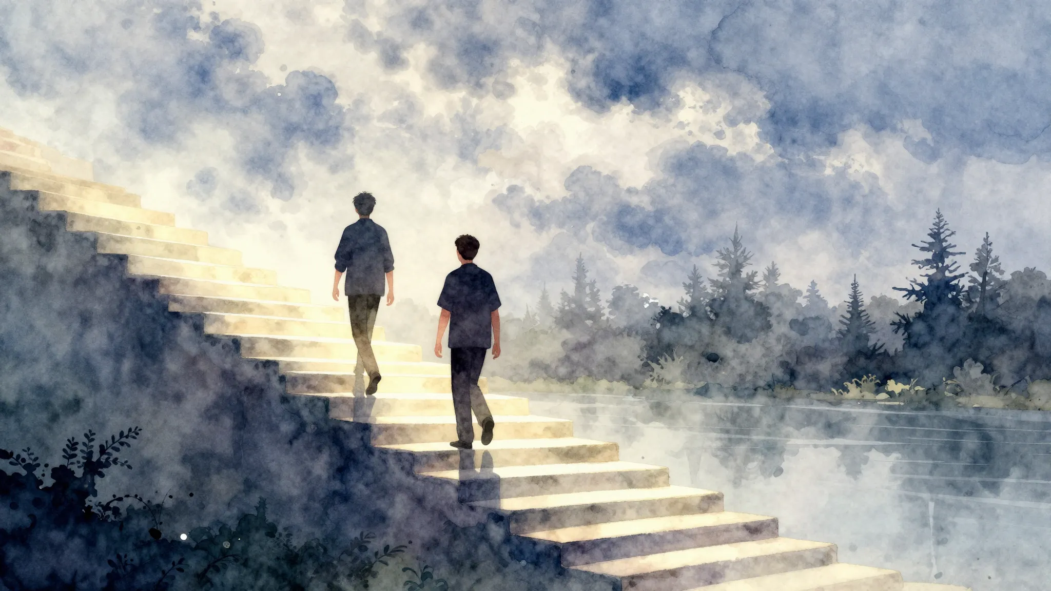 Watercolor style. Silhouettes of two men walking up a glowin...