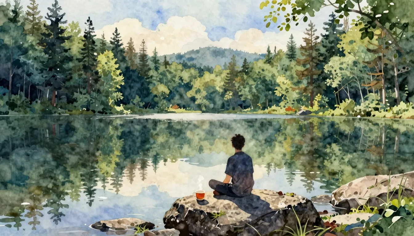 Vibrant watercolor style. Rock album cover: serene forest la...