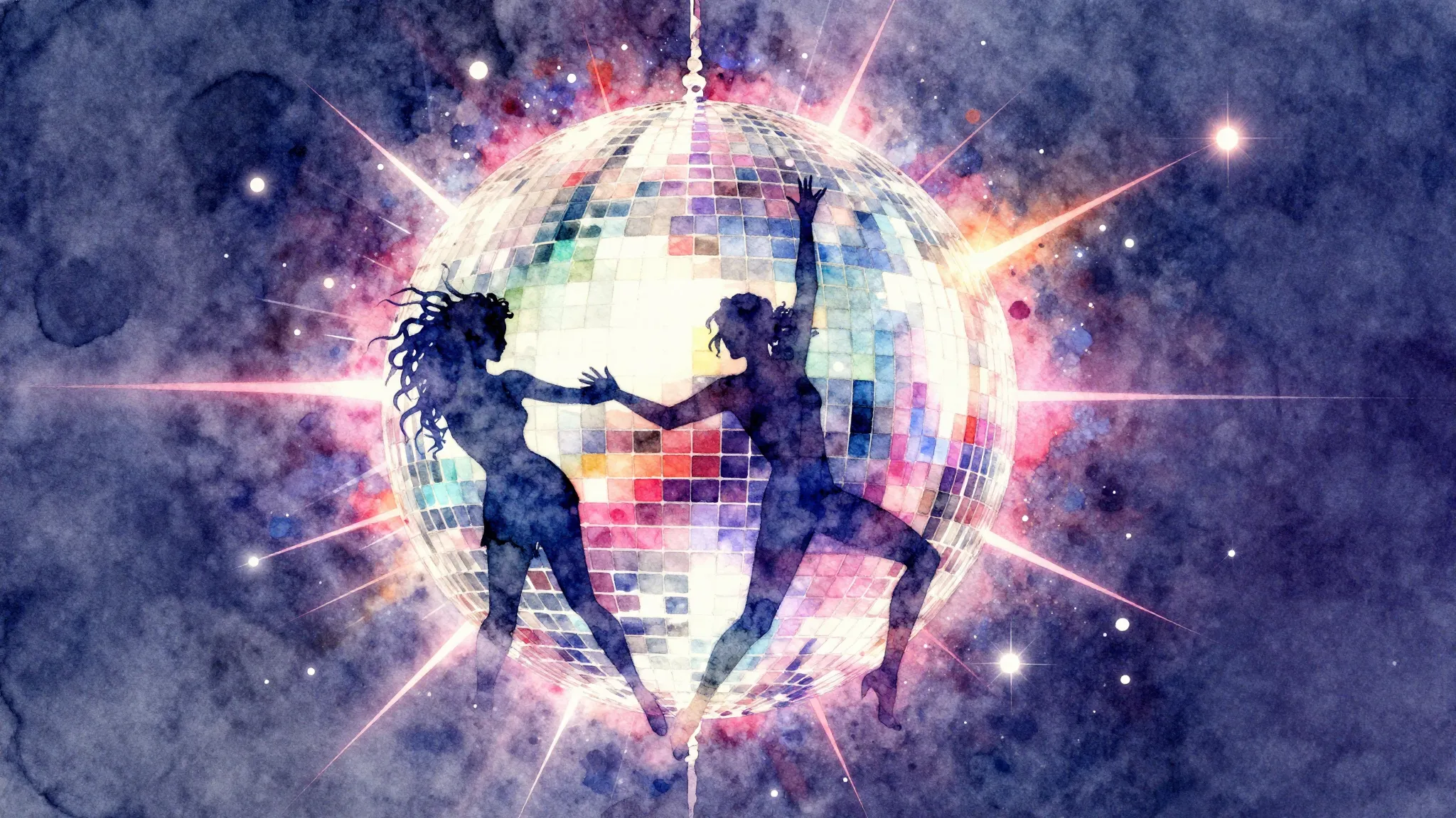 Vibrant watercolor style. Techno album cover: abstract disco...