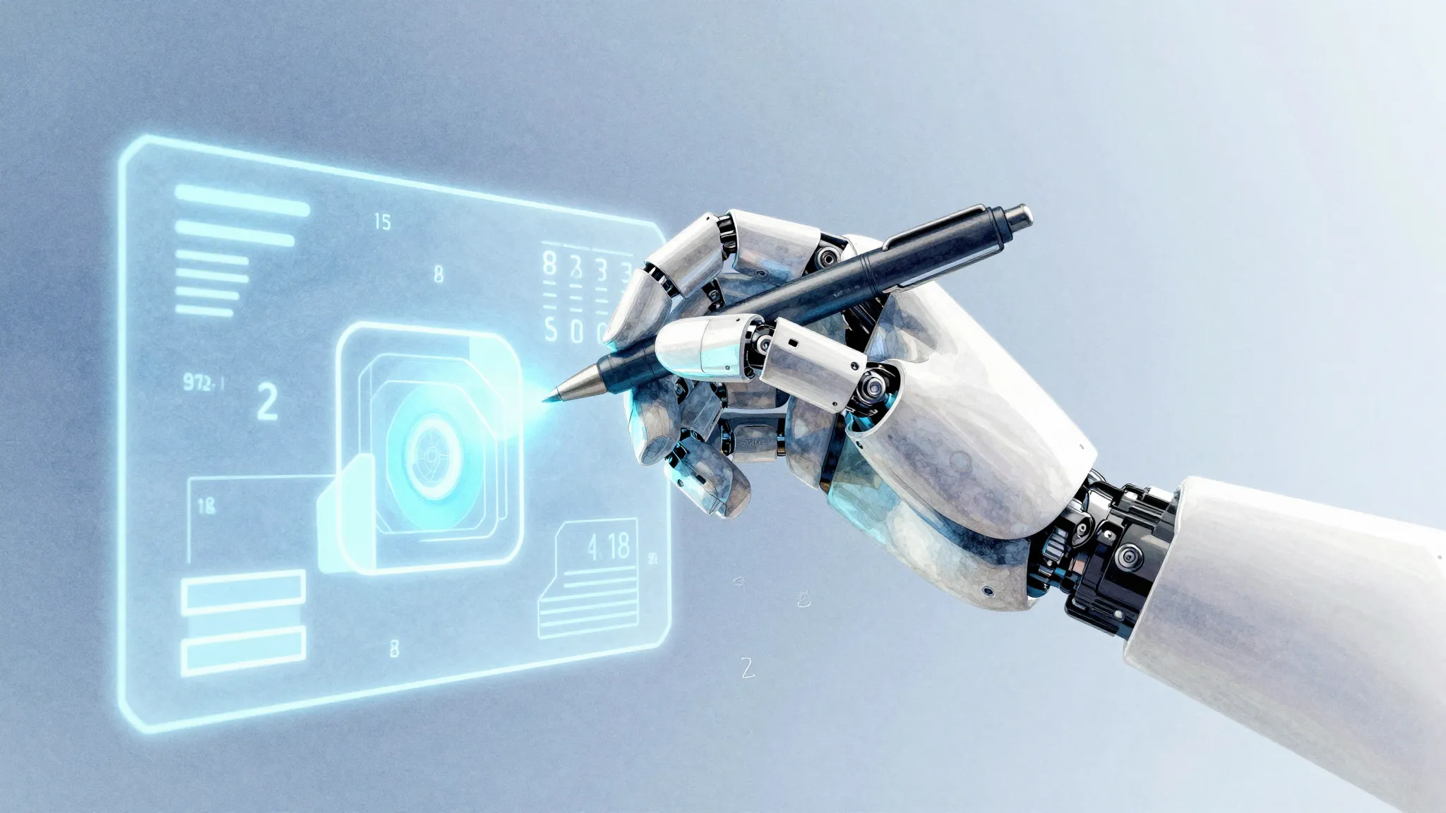 Watercolor style. A futuristic robot hand holding a glowing ...