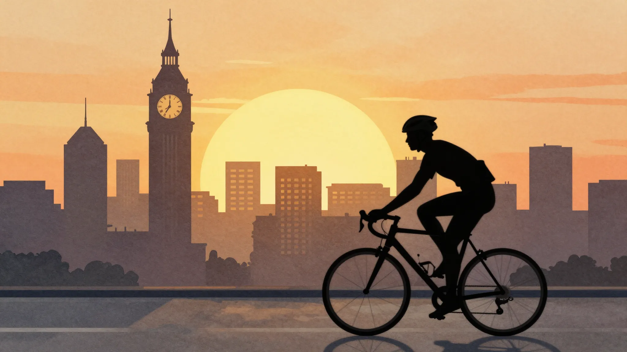 Watercolor style. Silhouette of a cyclist moving towards a s...