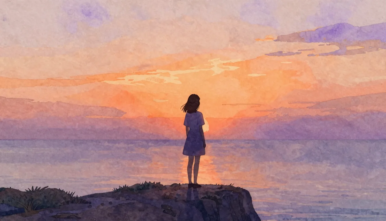 Watercolor style. A silhouette of a girl standing on a cliff...