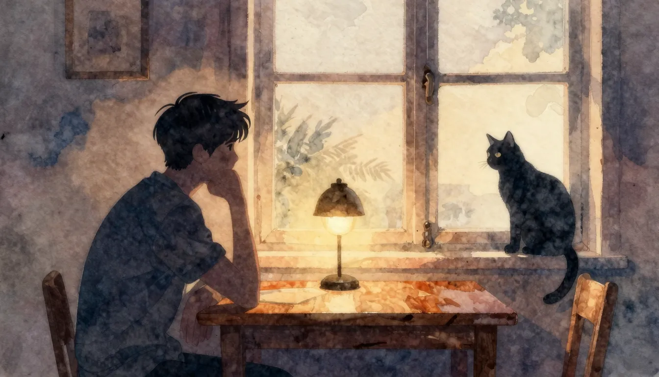 Watercolor style. A silhouette of a man sitting at a wooden ...