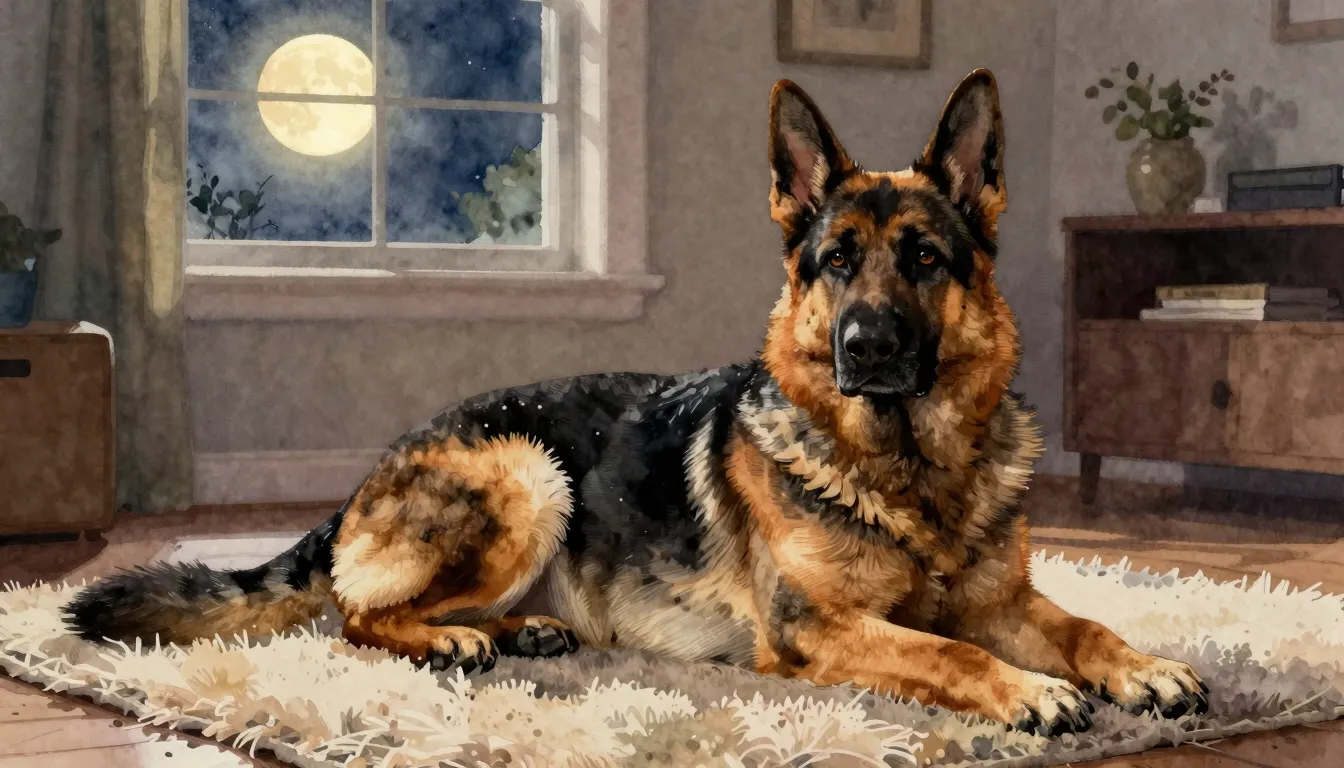 Watercolor style. A cozy German Shepherd dog lying on a soft...