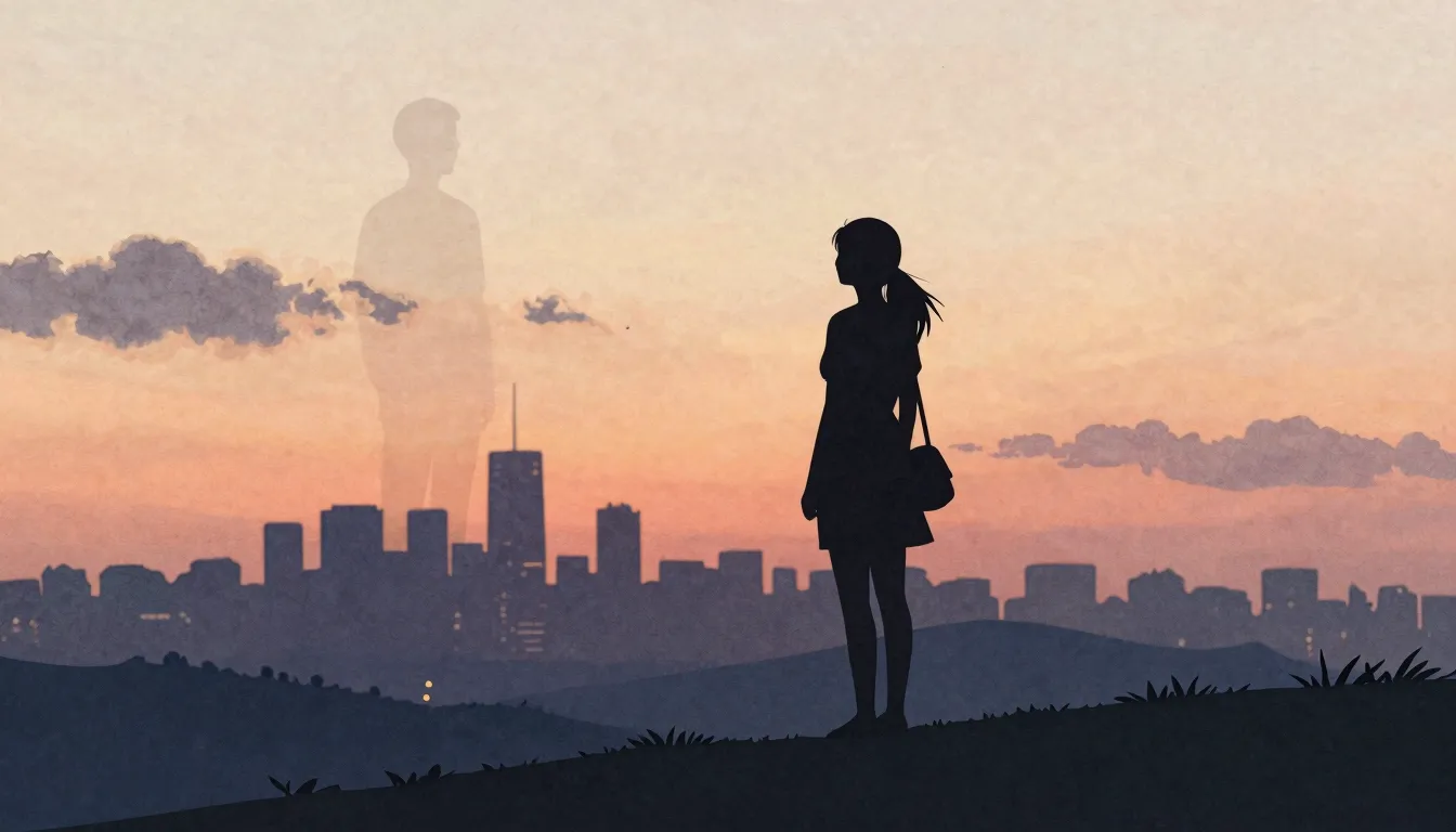 Watercolor style. A silhouette of a woman standing on a hill...
