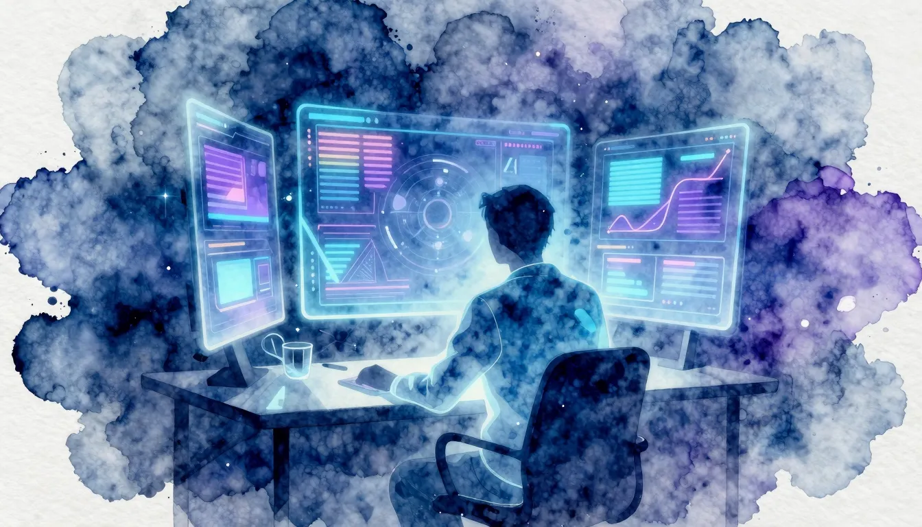 Watercolor style. A glowing digital silhouette of a person s...