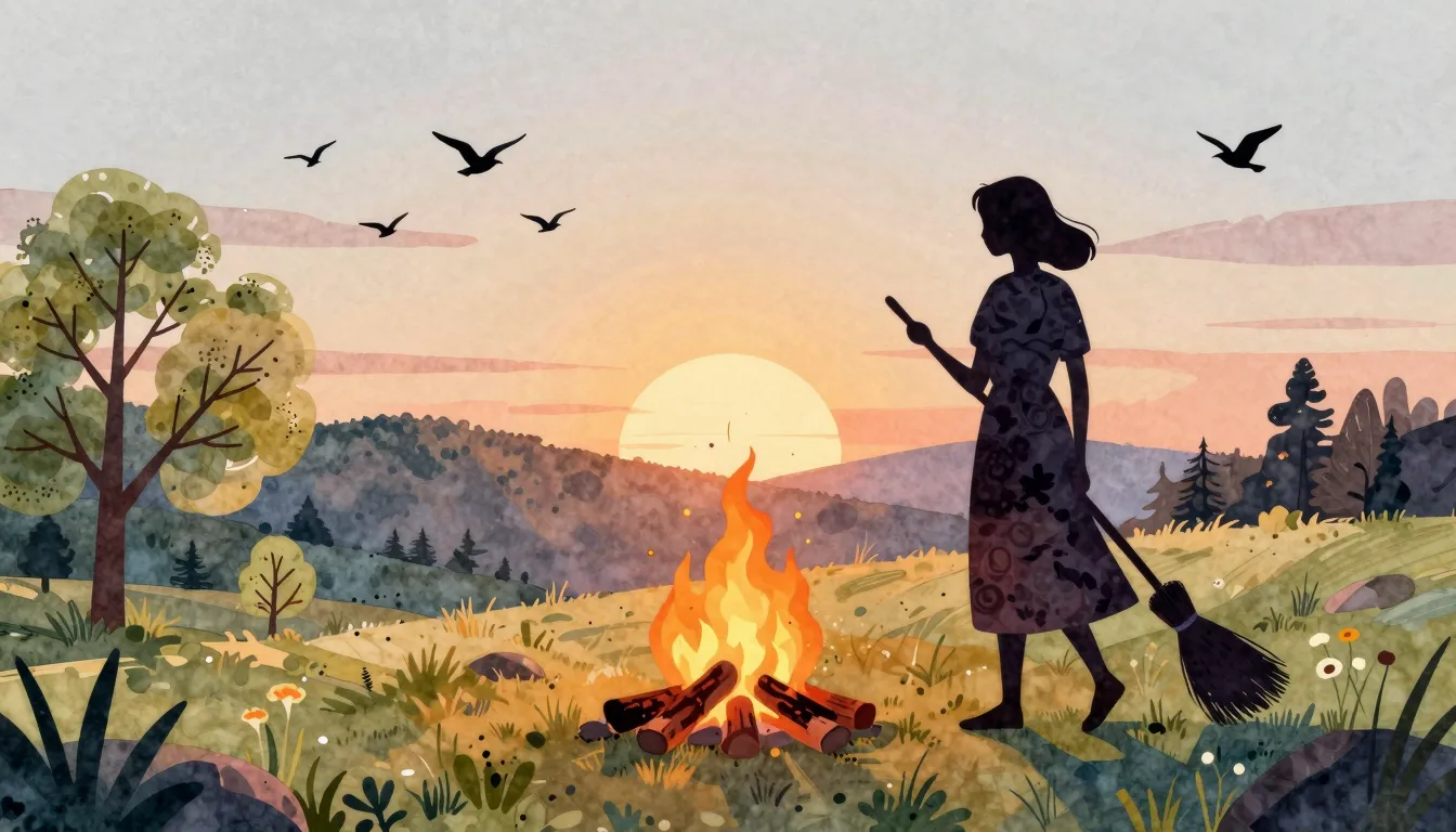 Watercolor style. Silhouette of a woman holding a broom near...