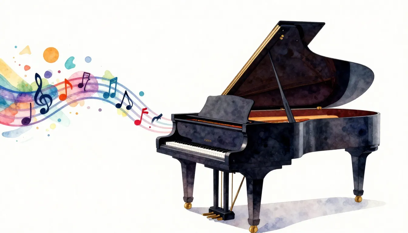Watercolor style. A grand piano silhouette with colorful mus...