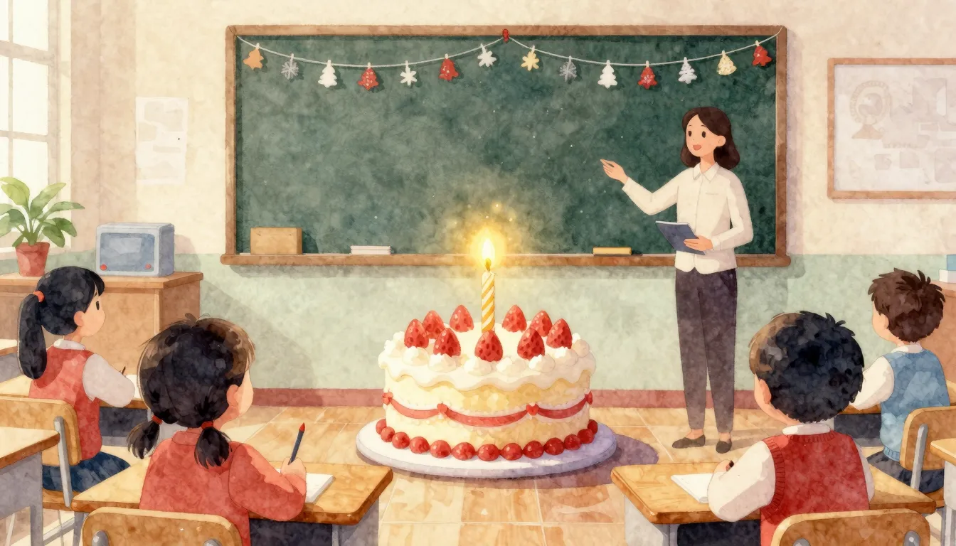 Watercolor style. A festive classroom setting with a birthda...