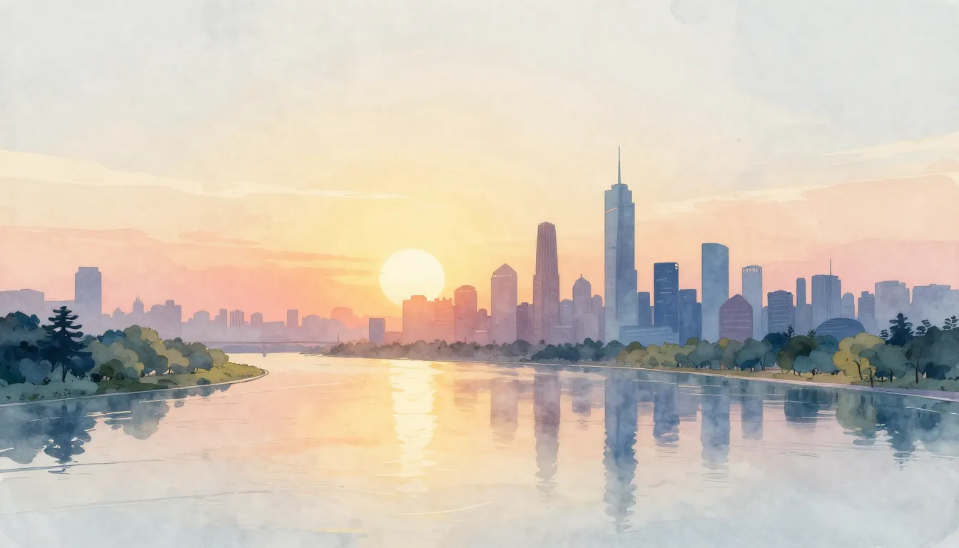 Watercolor style. A bright sunrise over a wide river and a f...