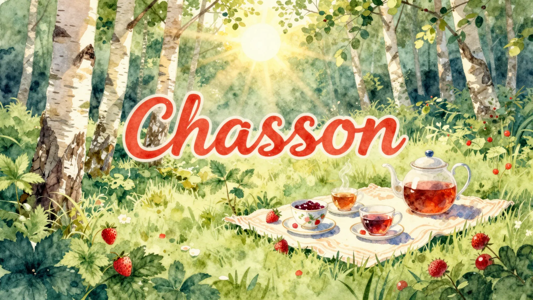 Vibrant watercolor style. Chanson album cover, summer forest...