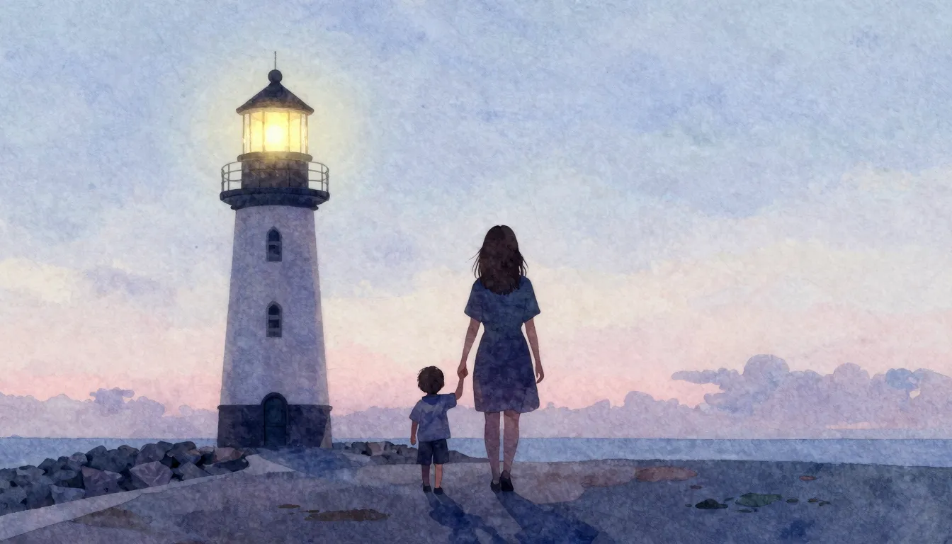 Watercolor style. A silhouette of a woman holding a small ch...
