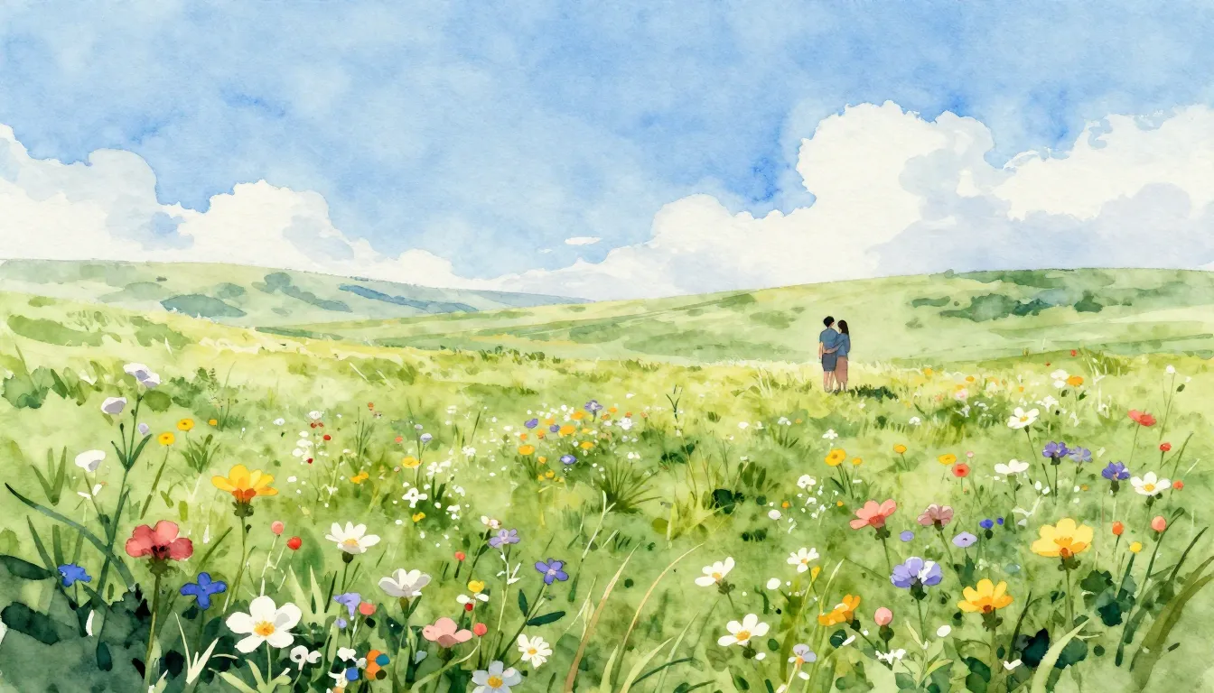 Watercolor style. Endless green steppes of Crimea under a br...