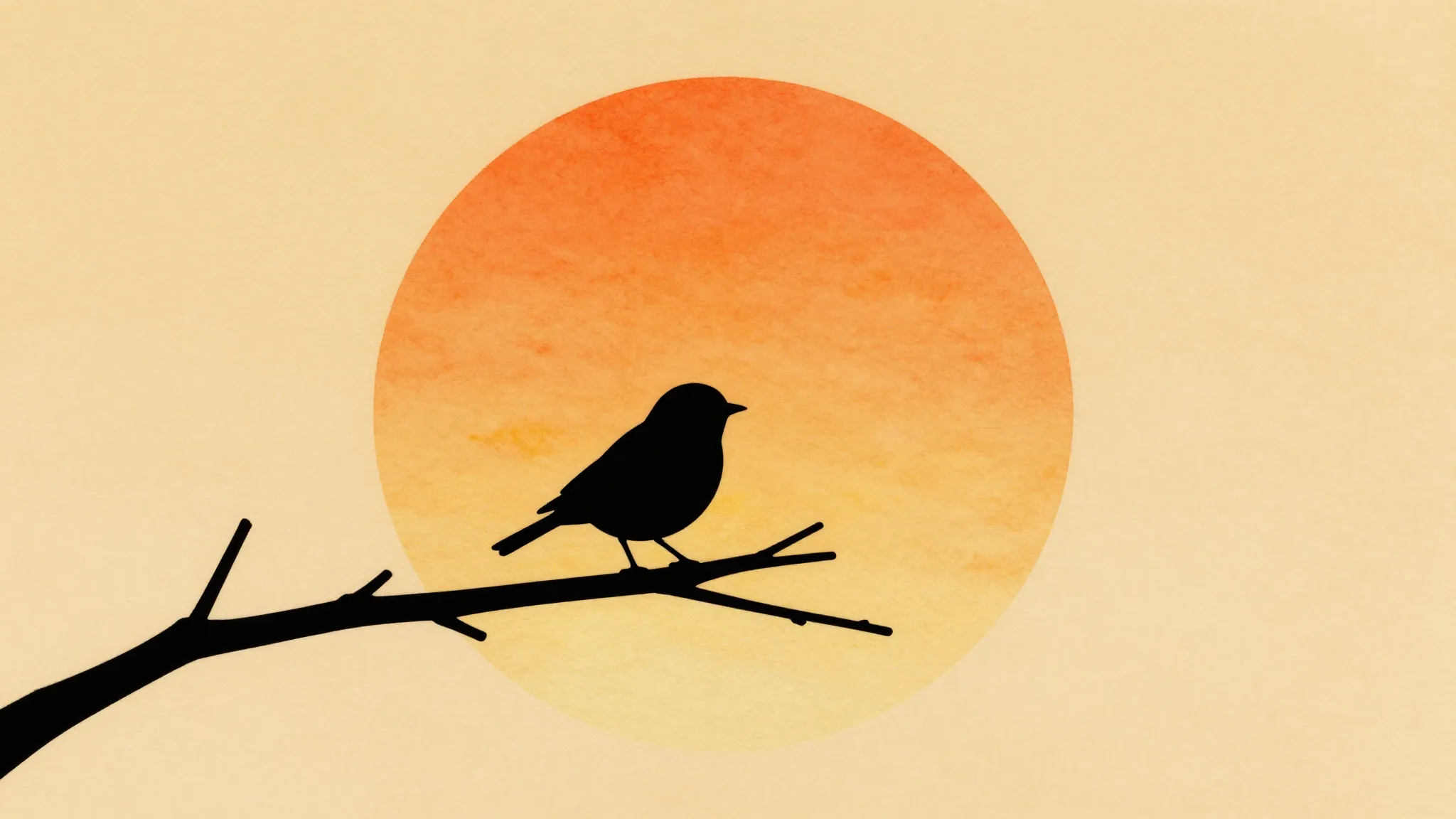 Watercolor style. Silhouette of a small bird on a thin branc...