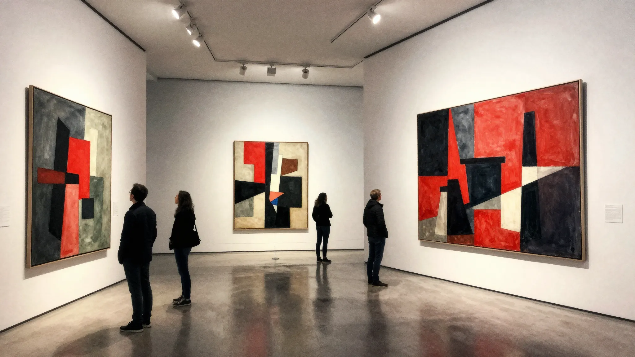 Watercolor style. Abstract art gallery interior, bold geomet...