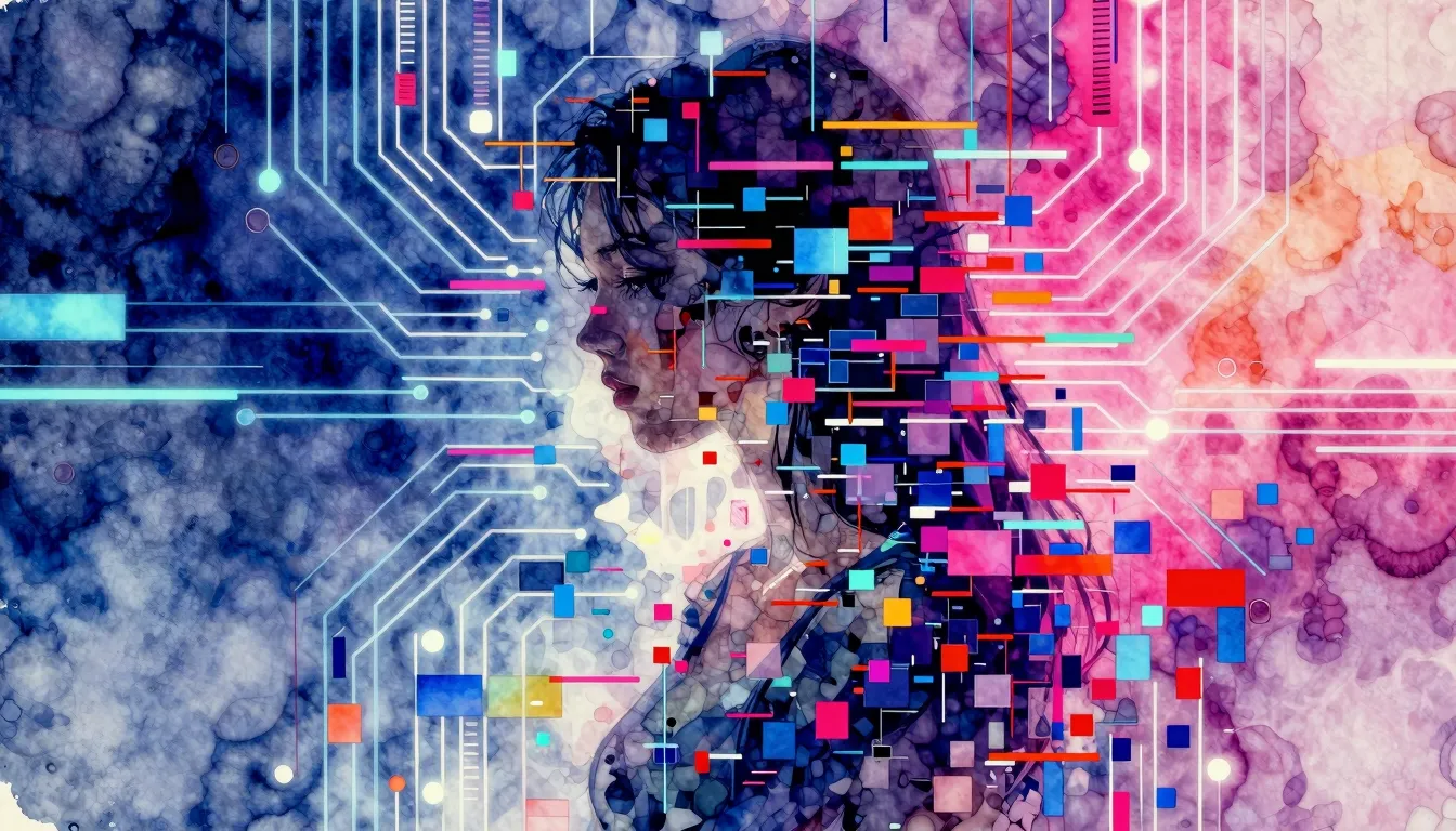 Vibrant watercolor style. Cyberpunk album cover, abstract, g...
