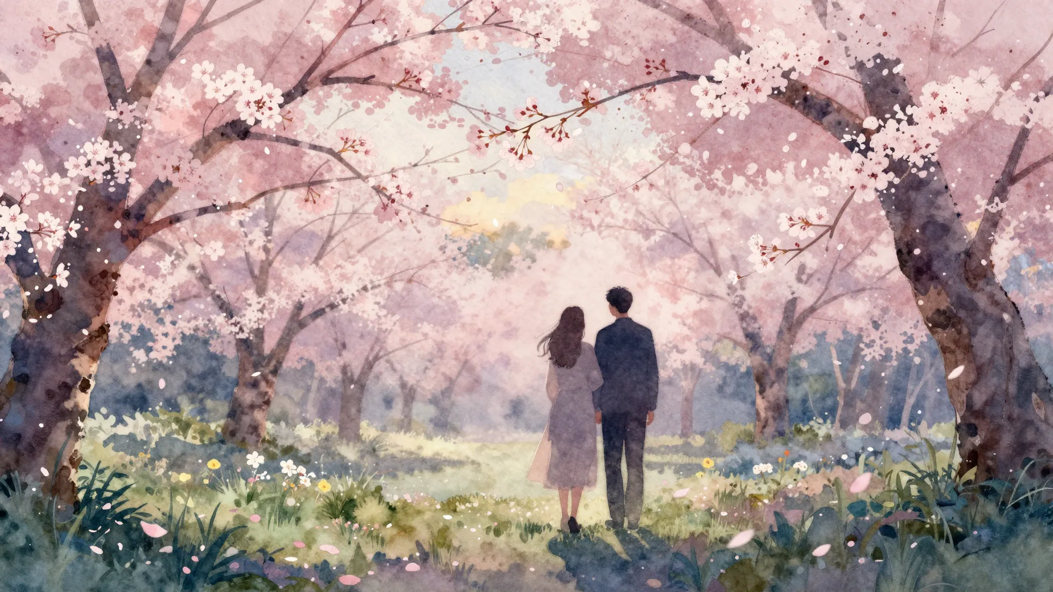 Watercolor style. A silhouette of a couple in a blooming spr...