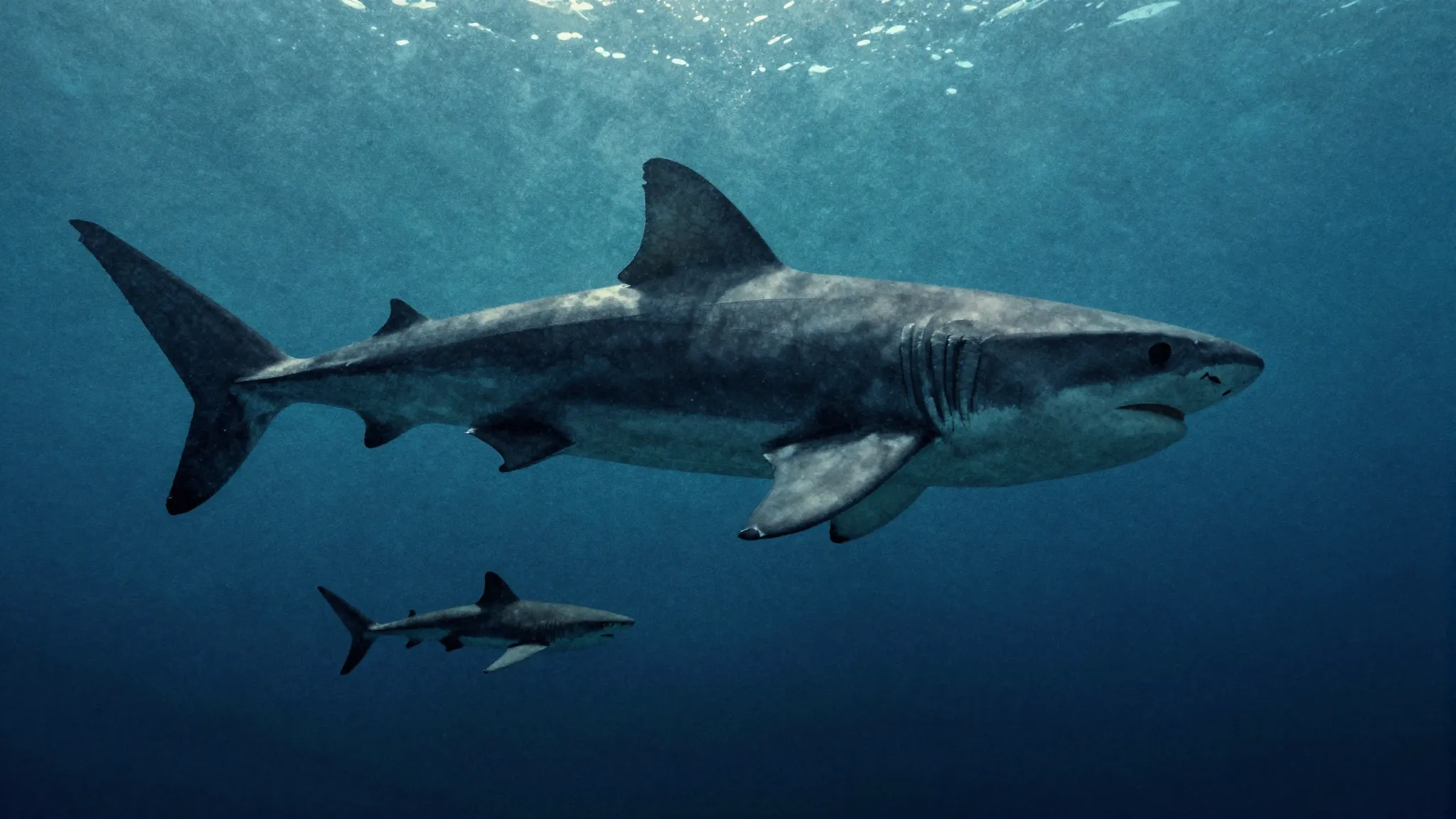 Watercolor style. A massive prehistoric shark silhouette swi...