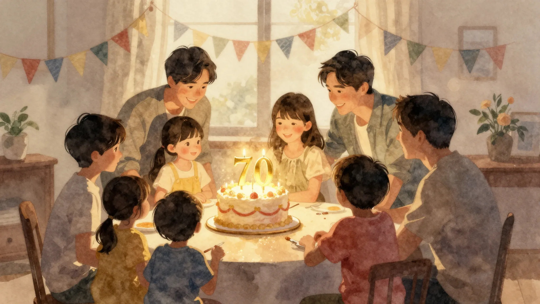 Watercolor style. A warm silhouette of a large family gather...