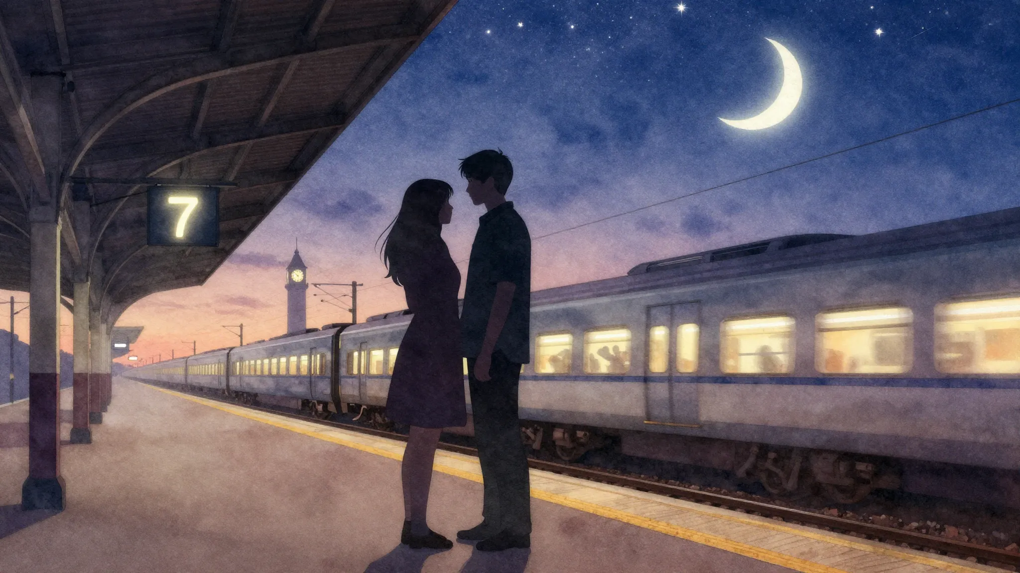 Watercolor style. A silhouette of a couple standing close on...