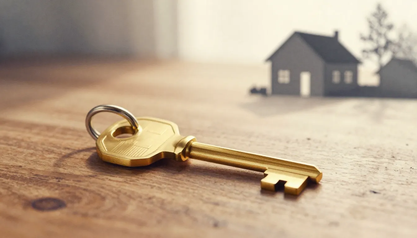 Watercolor style. Minimalist golden key on a polished wooden...