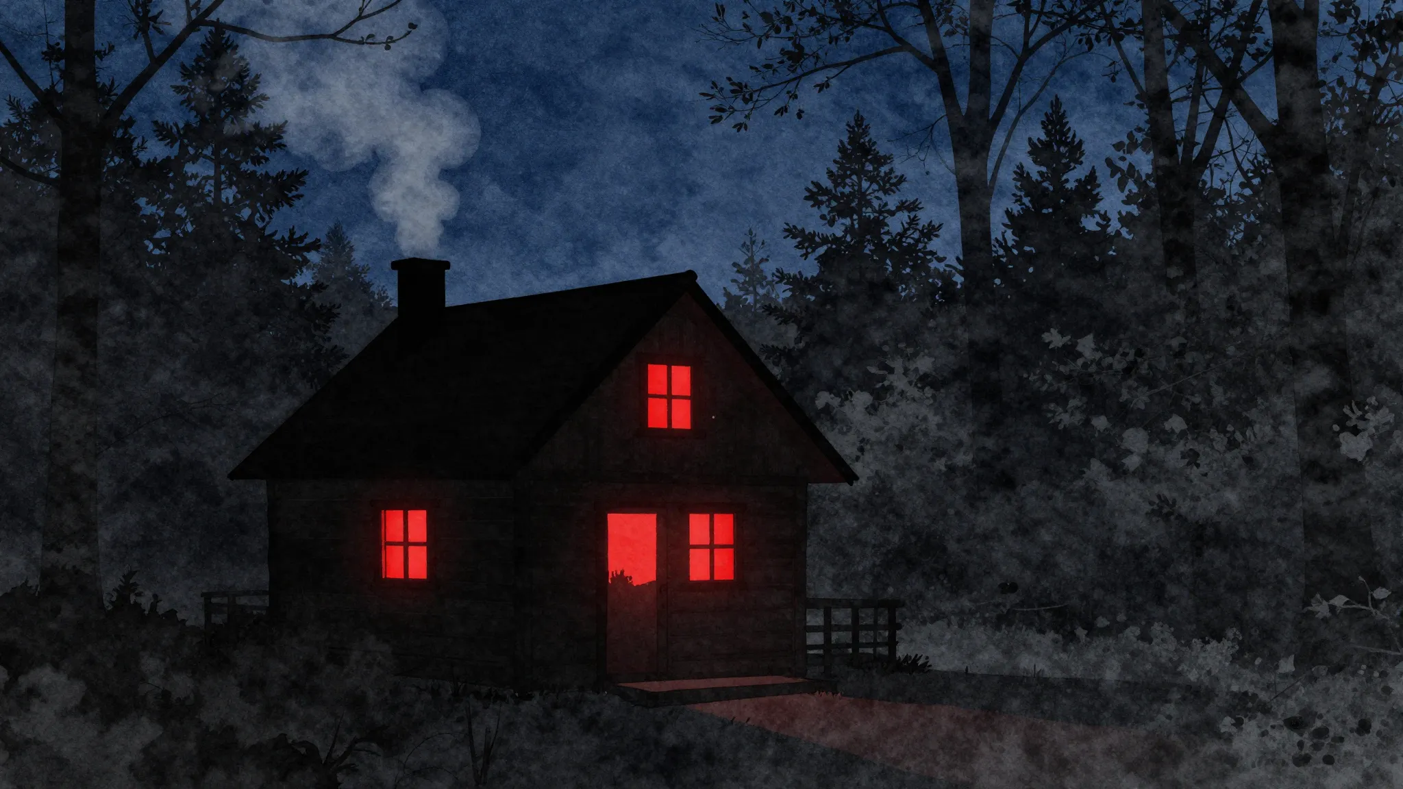 Watercolor style. Silhouette of a wooden cabin in a dark for...