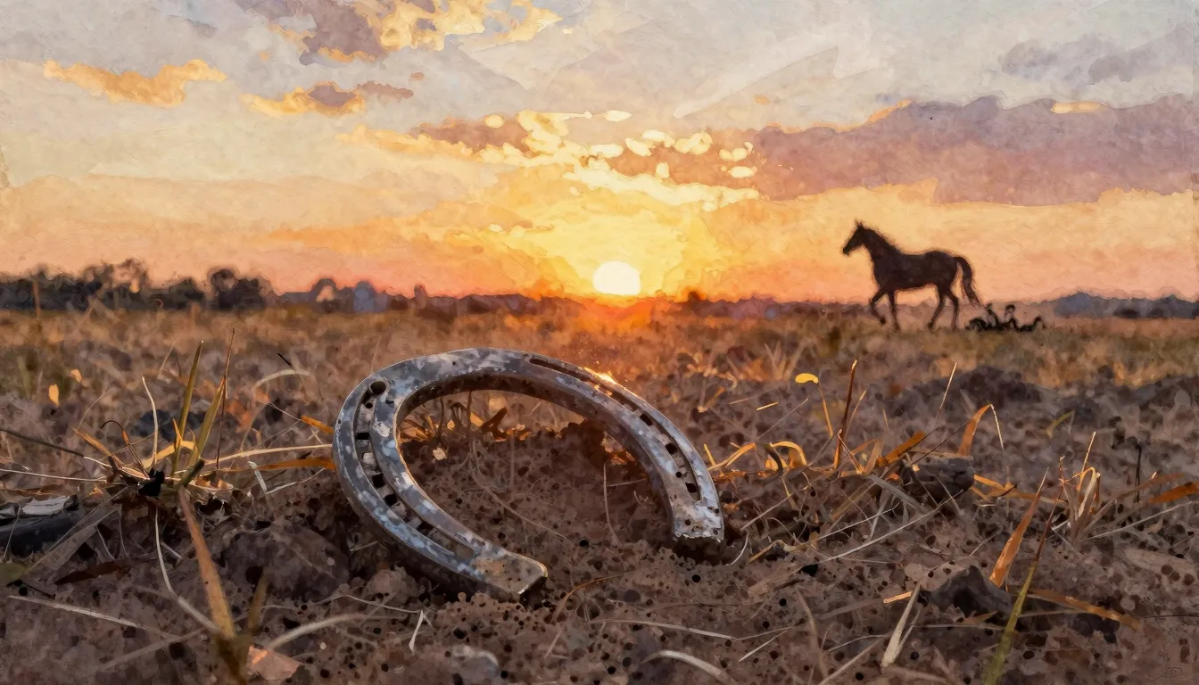Watercolor style. A single horseshoe lying in a dusty field ...