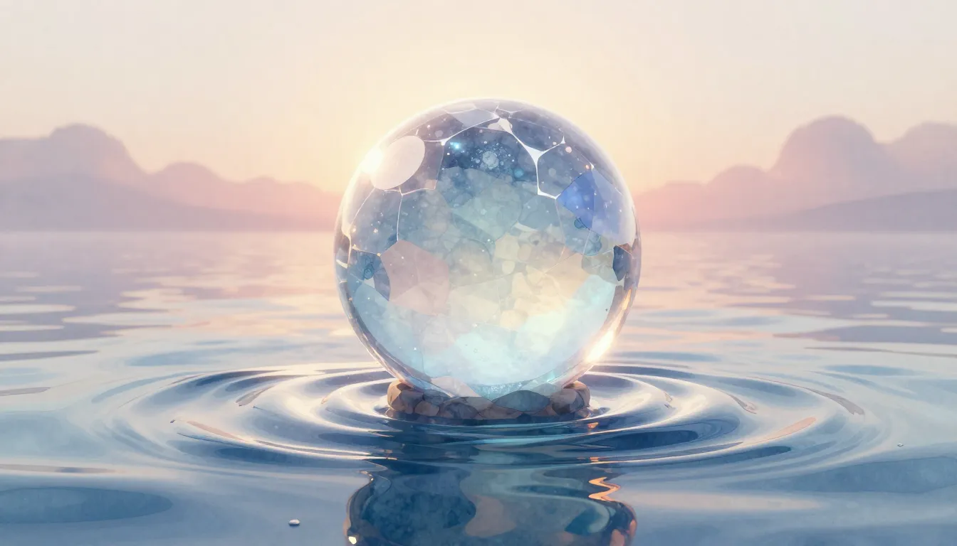 Watercolor style. A glowing crystal sphere on a calm water s...