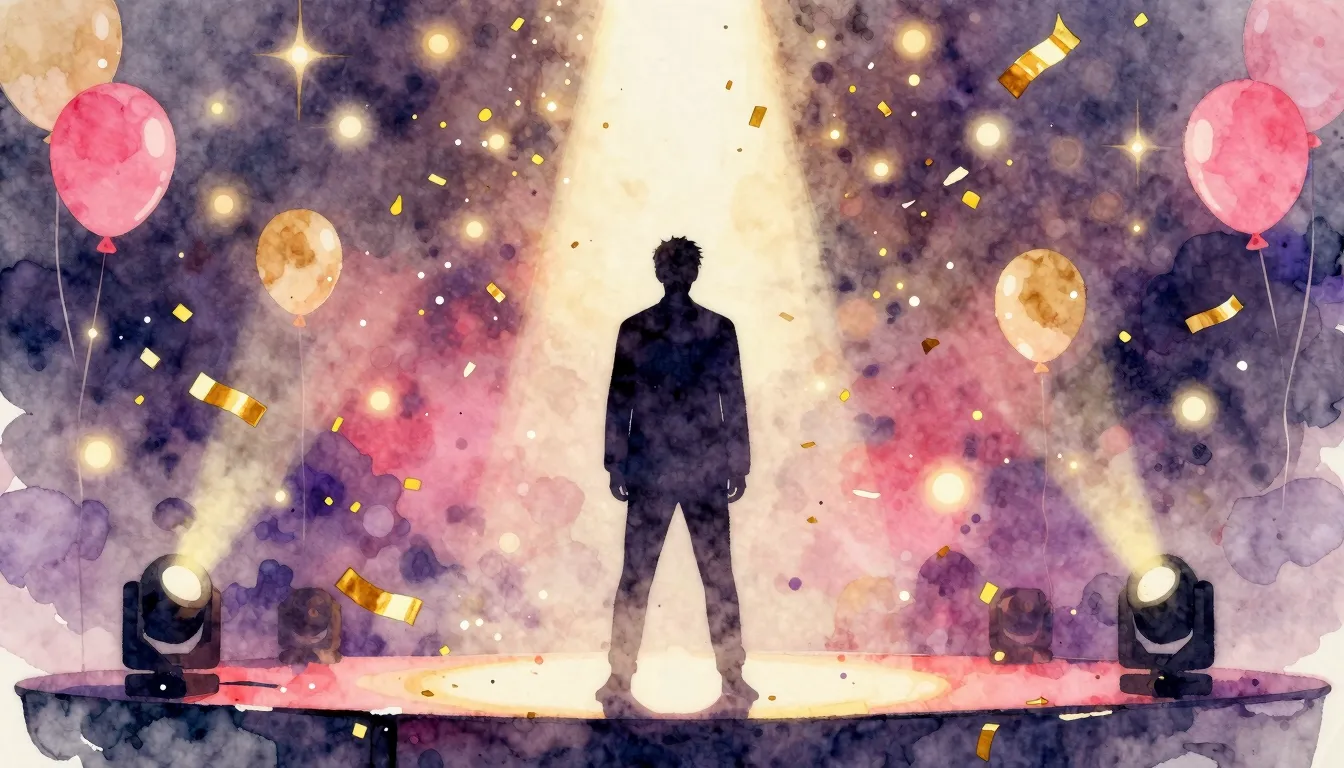 Watercolor style. A silhouette of a person standing on a sta...