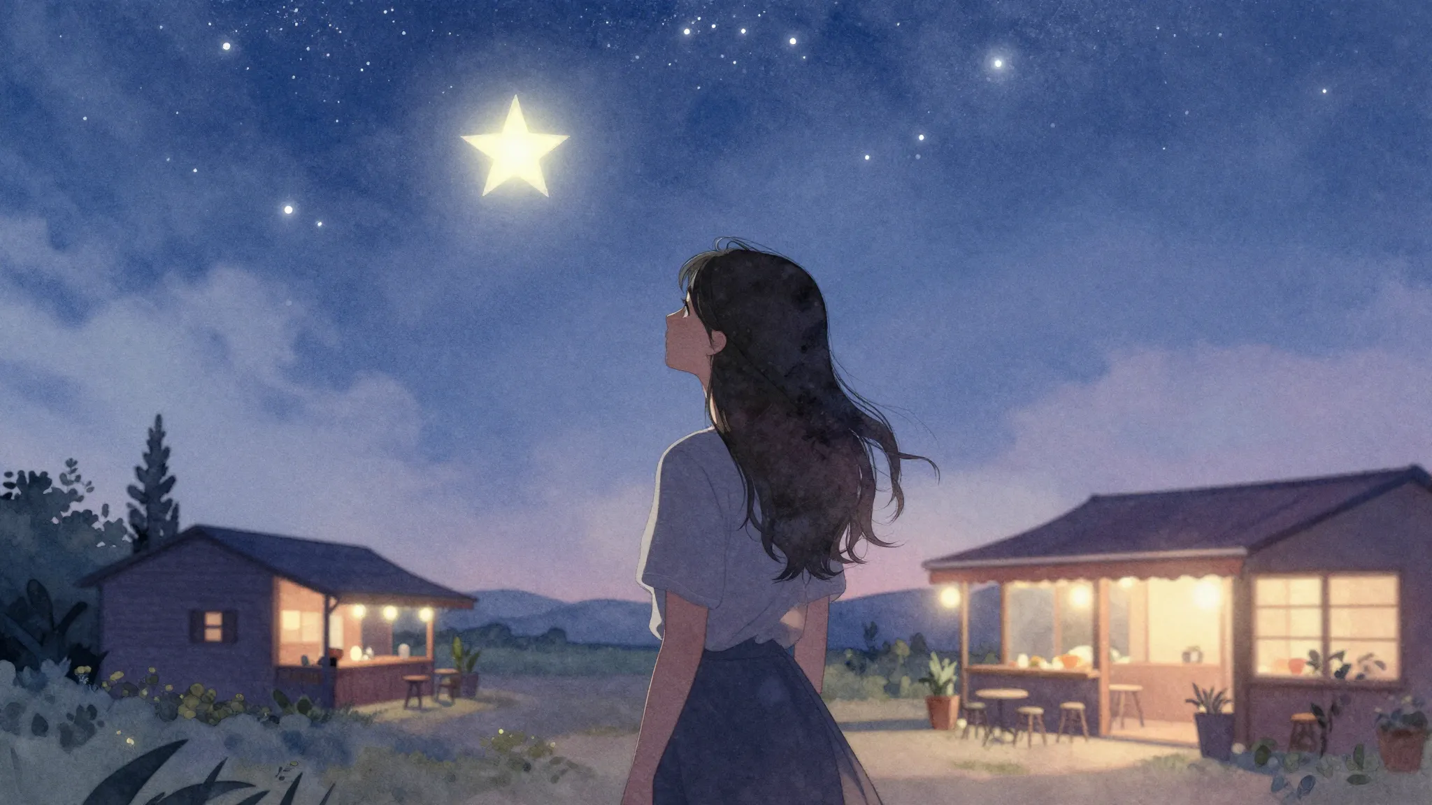 Watercolor style. A silhouette of a young woman looking at a...