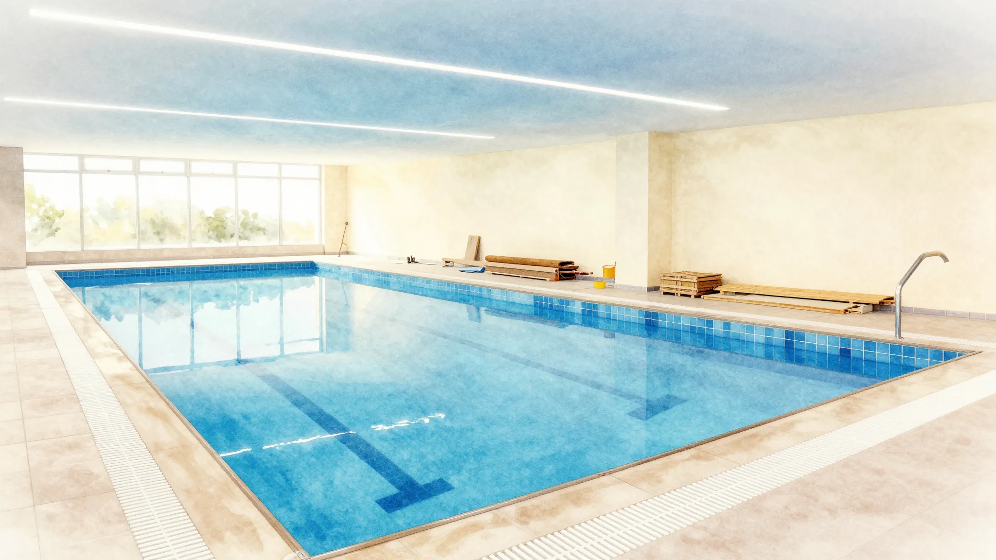 Watercolor style. A bright and modern indoor swimming pool u...