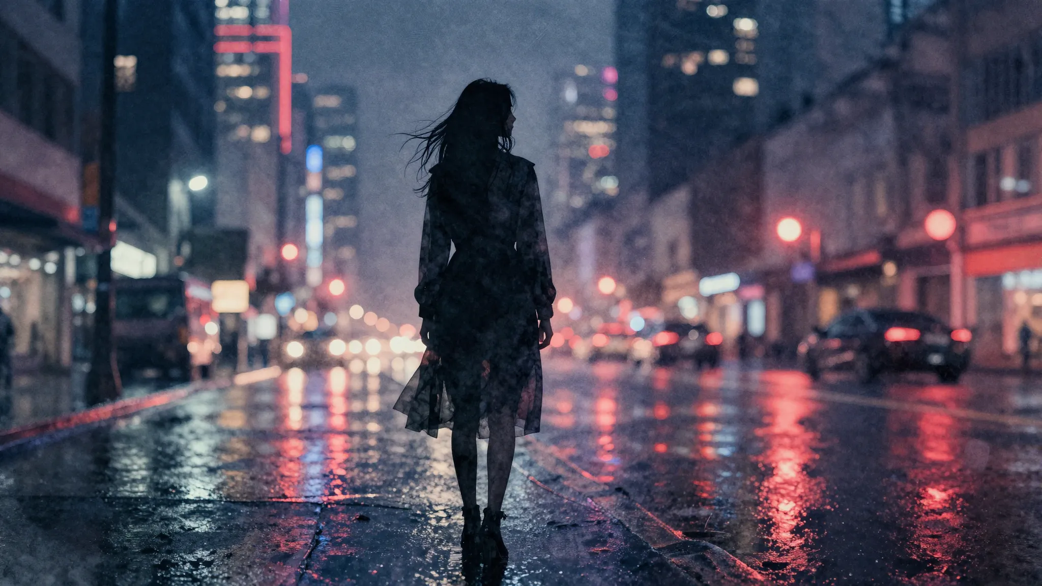 Watercolor style. A silhouette of a woman stands against a n...