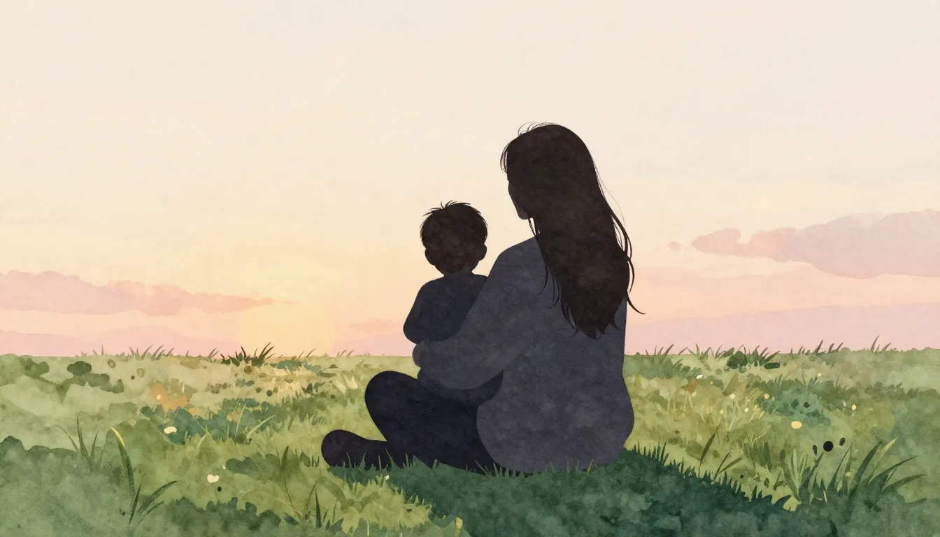 Watercolor style. Silhouette of a woman holding a small chil...