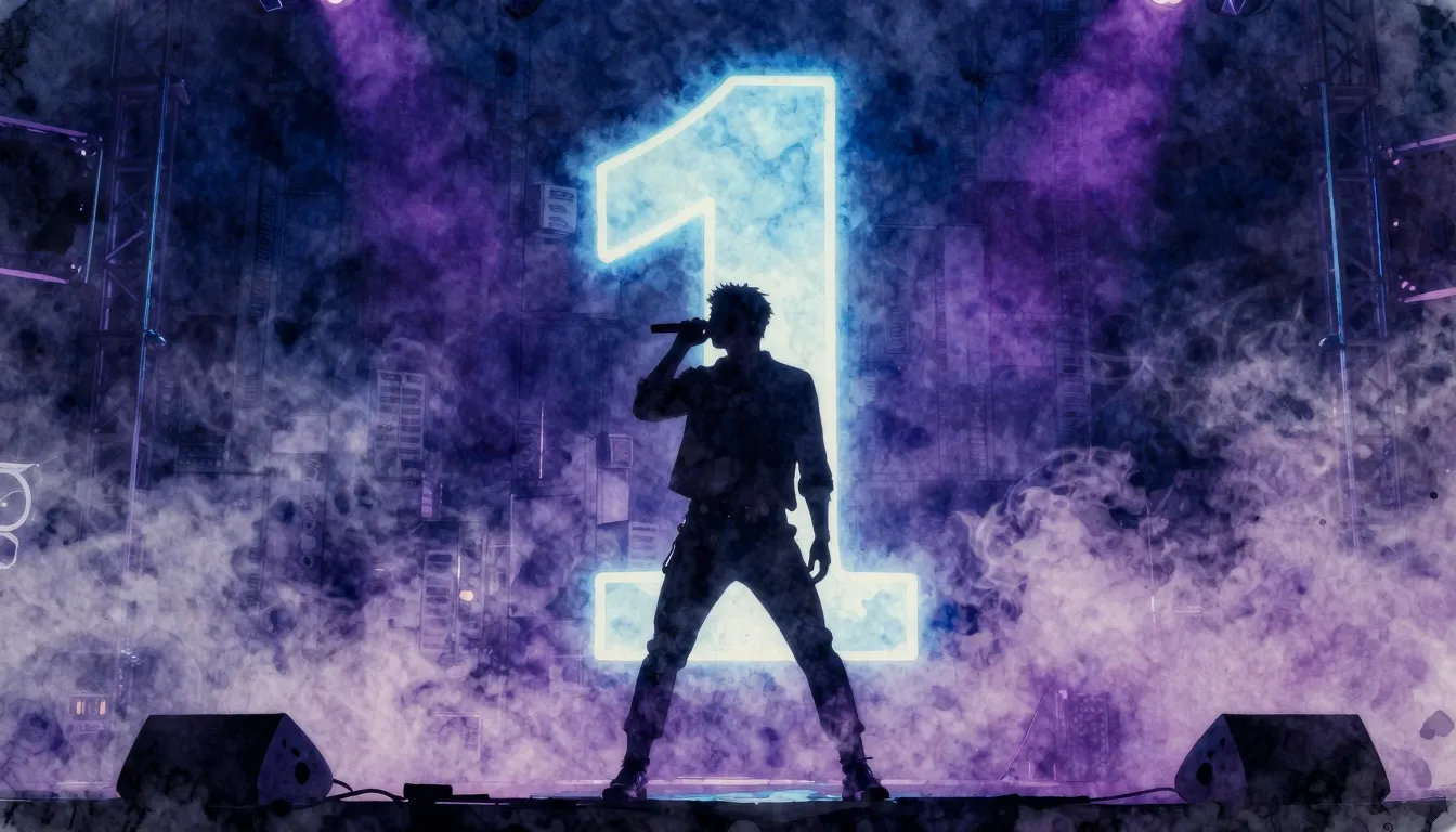 Watercolor style. A dark silhouette of a performer on a stag...