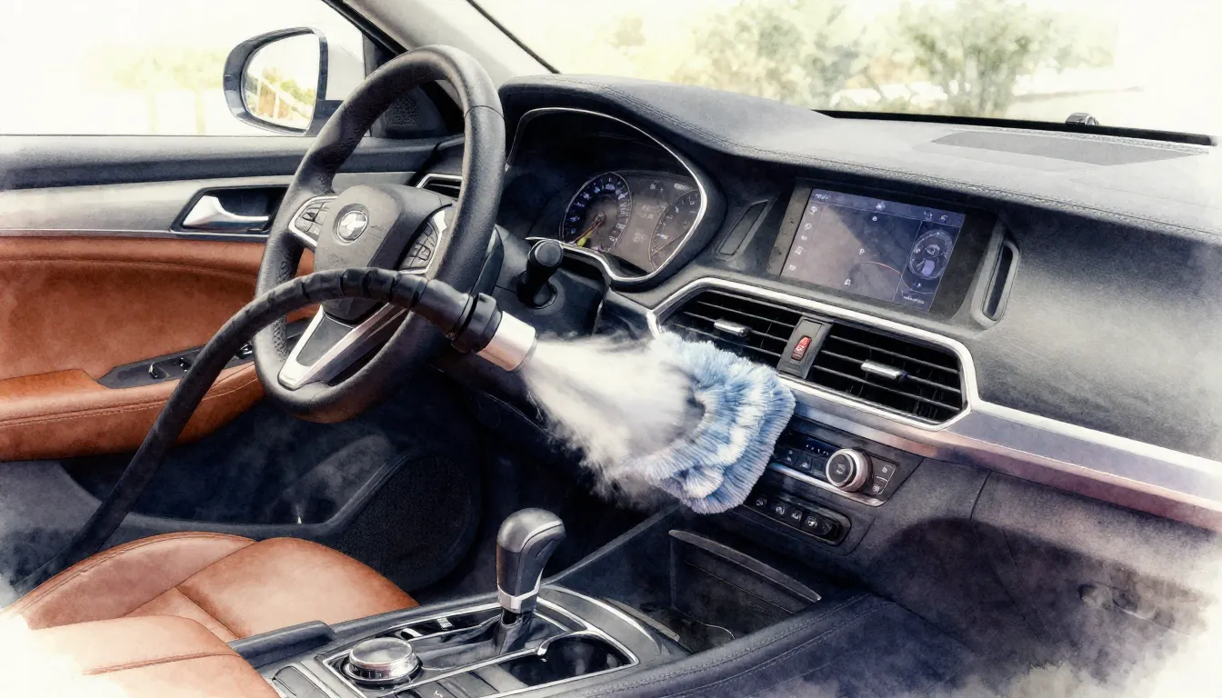 Watercolor style. A modern car dashboard and leather interio...