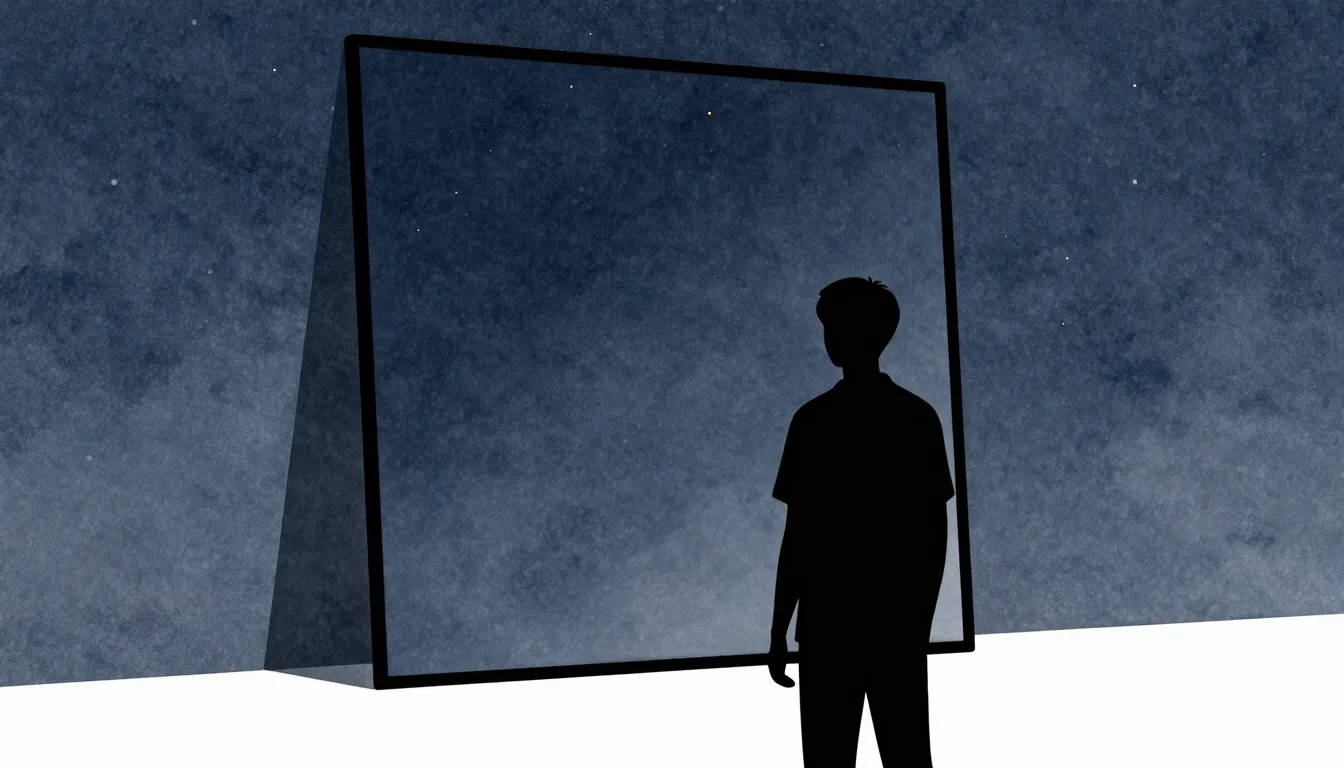 Watercolor style. A dark silhouette of a person standing bef...