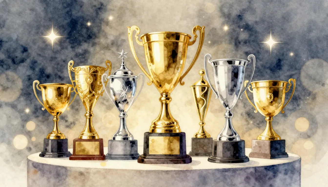 Watercolor style. A collection of shiny golden and silver tr...