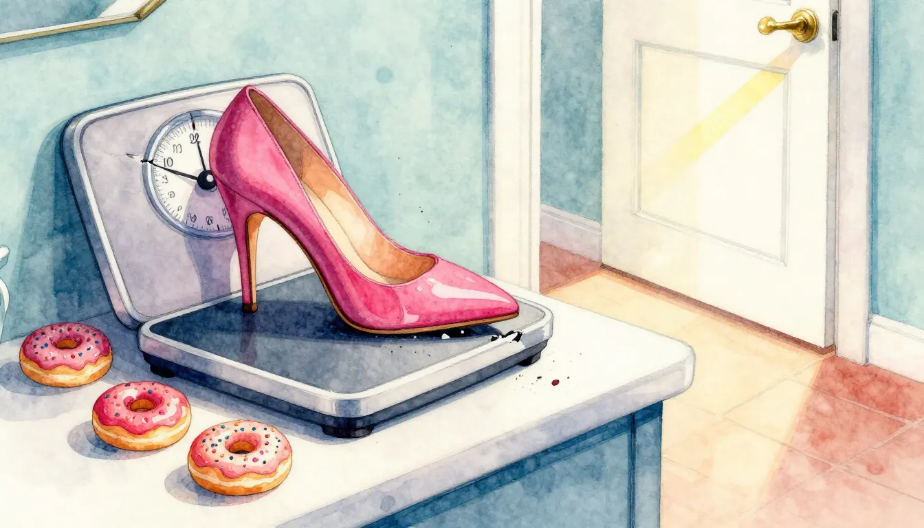 Watercolor style. A broken bathroom scale crushed by a high ...