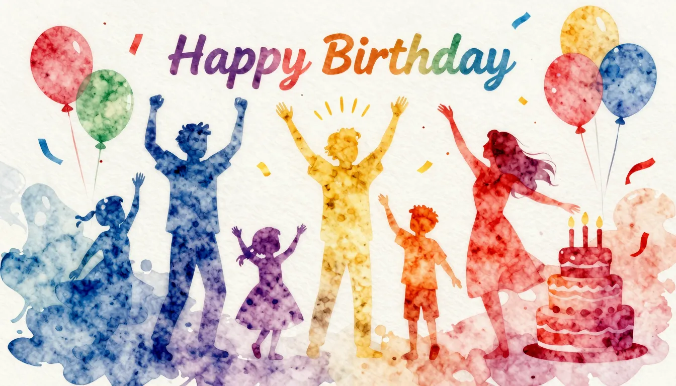 Vibrant watercolor style. Rock album cover for a birthday ce...