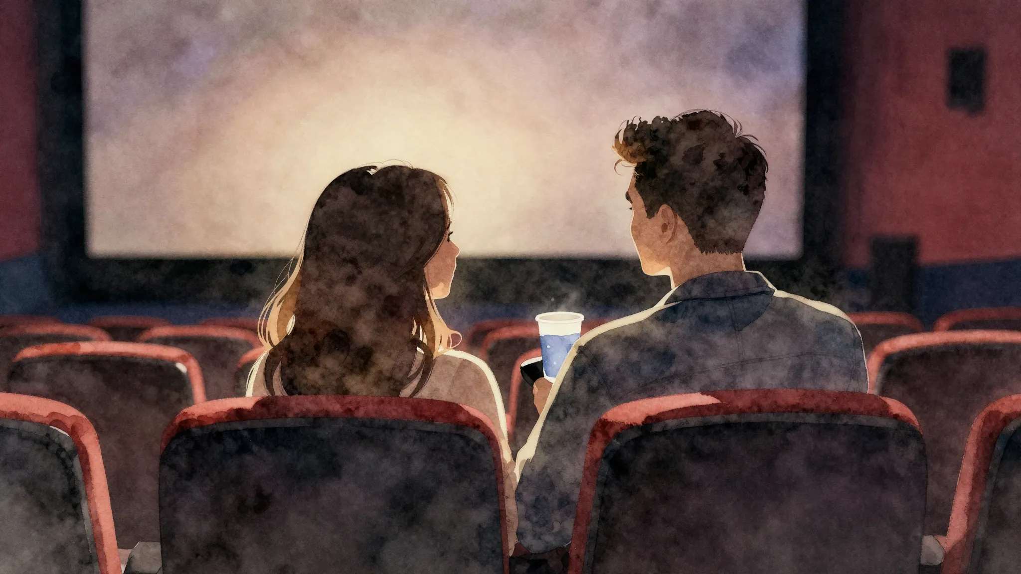 Watercolor style. A cozy silhouette of a couple sitting in a...