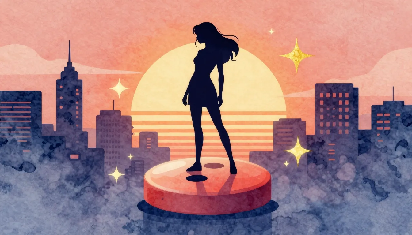 Watercolor style. A silhouette of a woman standing on a gian...