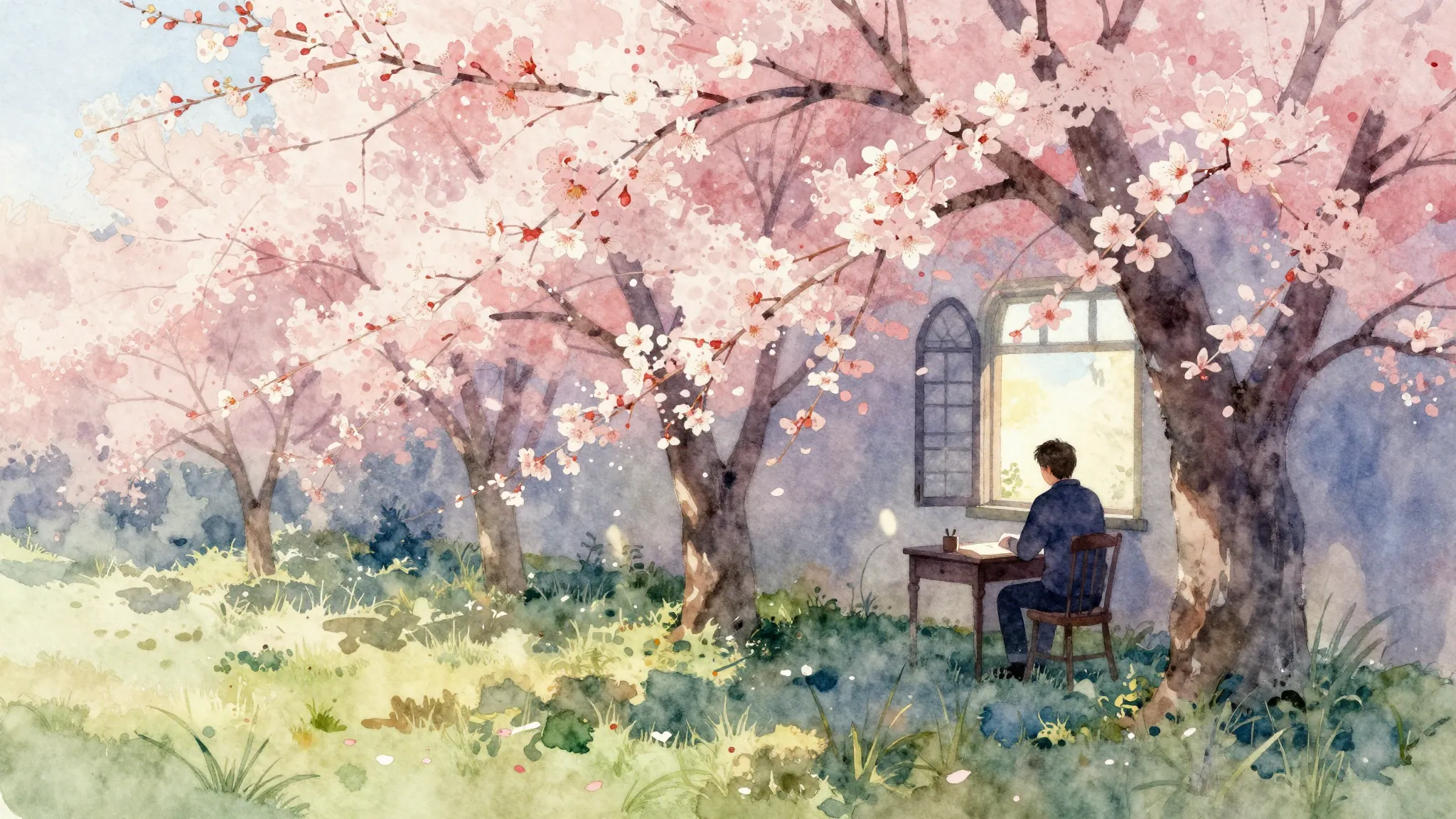 Watercolor style. A beautiful spring landscape with blooming...