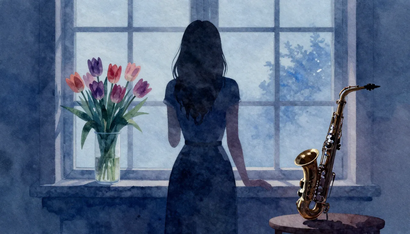 Watercolor style. A silhouette of a woman standing by a wind...