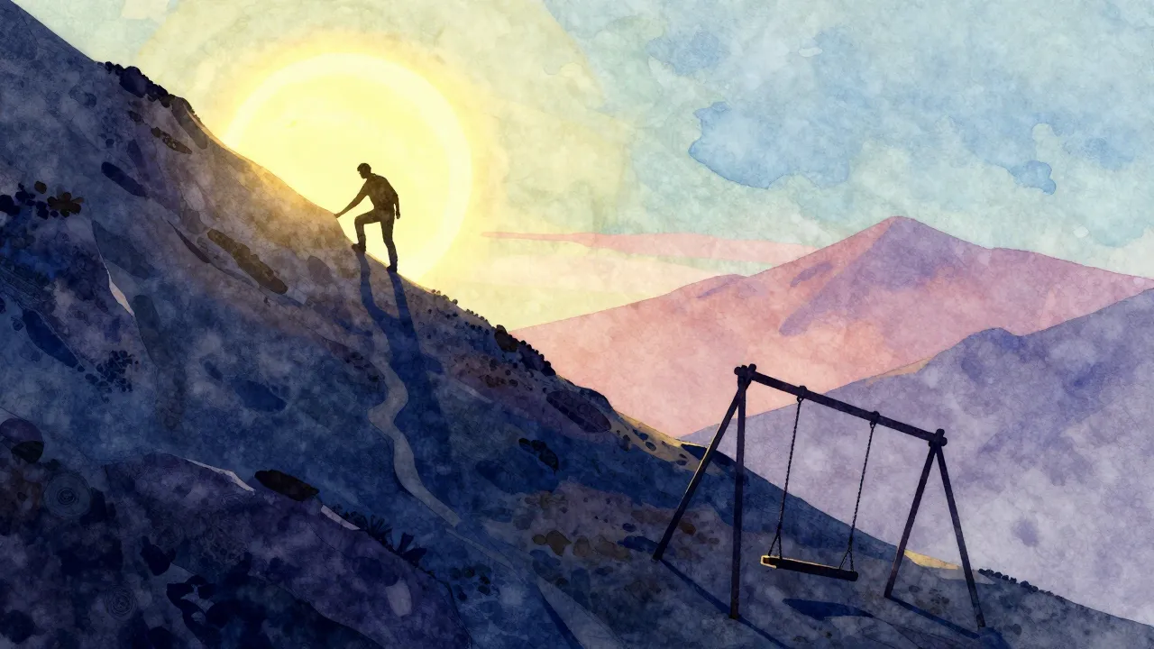 Vibrant watercolor style. A silhouette of a person climbing ...
